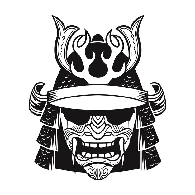 Samurai in black mask. Japan traditional fighter. Vintage isolated vector illustration