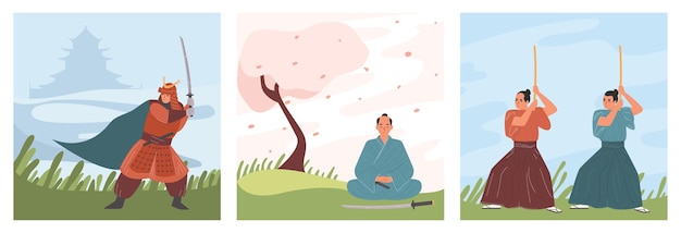 Free vector samurai flat composition set with men in traditional japan clothes isolated vector illustration