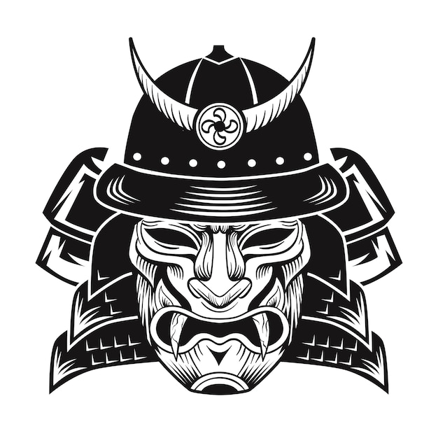 Samurai with black mask. japanese fighter flat image.  vintage vector illustration