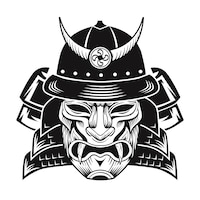 Samurai with black mask. japanese fighter flat image.  vintage vector illustration