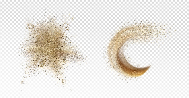 Sand explosion, sandy splash, scatter grains stain or stroke and wave isolated on transparent