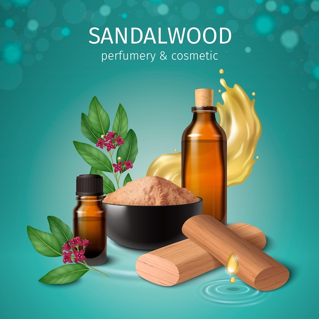 Free vector sandalwood cosmetic realistic vector illustration of sandal timber fragrant powder in bowl and perfume oil vials