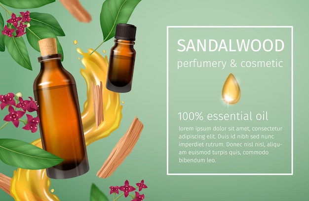 Vettore gratuito banner realistico in legno di sandalo che promuove l'olio essenziale di sandalo utilizzato in profumeria cosmetica e aromaterapia illustrazione vettoriale