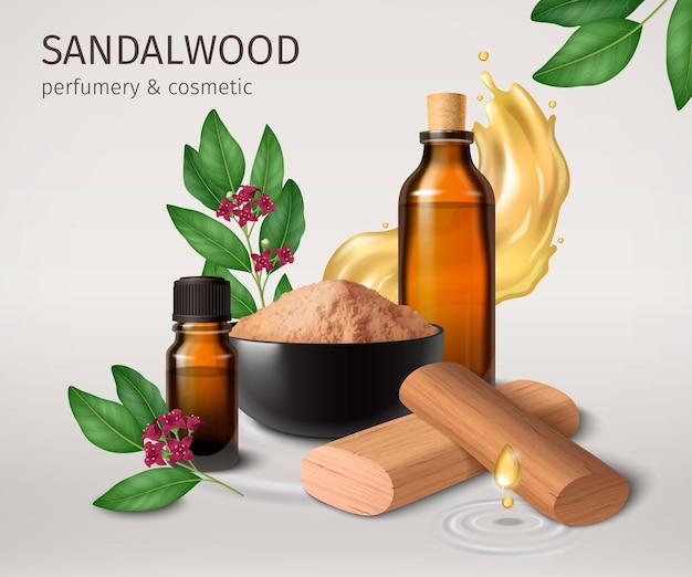 無料ベクター サンダルウッドの現実的な香水の背景に木材素材オイルバイアルパウダーサンダルの葉と花のベクトルイラストのボウル