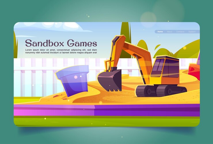 Free Vector sandbox games banner with excavator toy and bucket in sand pile. vector landing page with cartoon illustration of summer playground on backyard or park for kids play