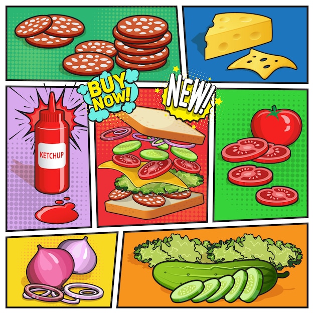 Free vector sandwich advertising comic page