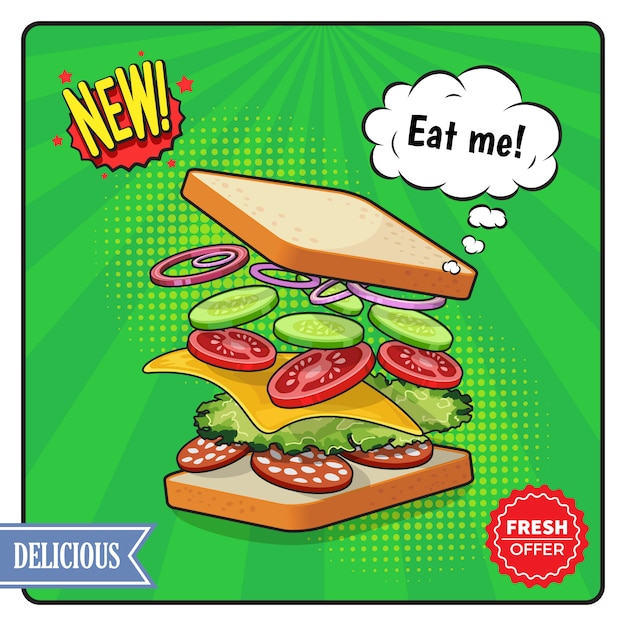 Vettore gratuito poster pubblicitario sandwich in stile fumetto