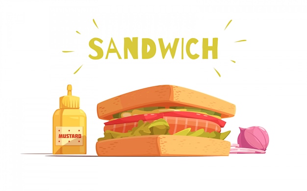 Бесплатное векторное изображение Сэндвич мультяшный дизайн с тостами лосось томатный салат нарезанный лук и горчица