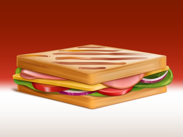 토스터 밀 빵에 구운 두 조각 사이의 햄, 치즈, 토마토, 양파, 샐러드 샌드위치