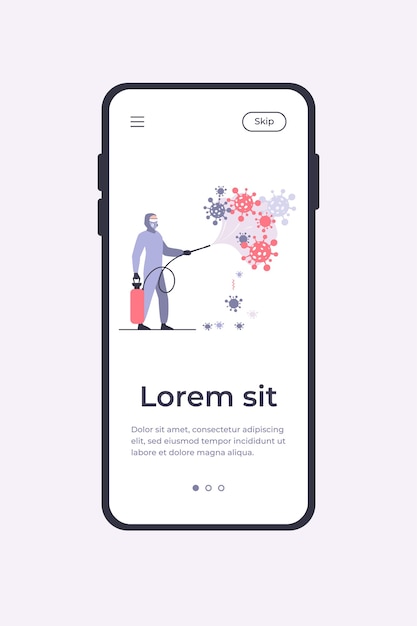Санитарные работники в защитных костюмах распространяют химикаты на вирусы и дезинфицируют поверхность. векторные иллюстрации шаблон мобильного приложения