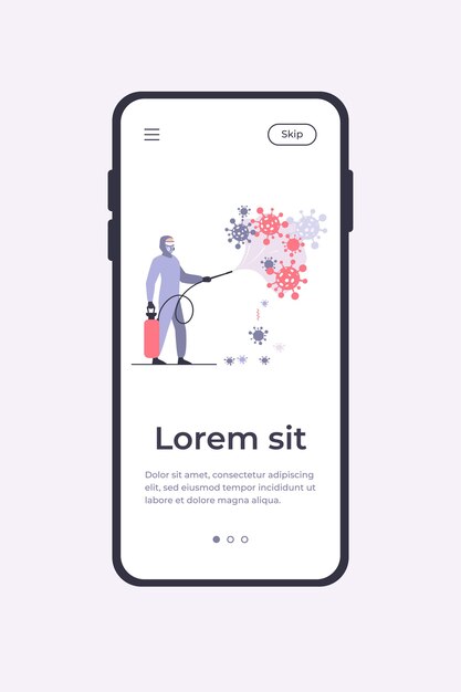 防護服を着た衛生労働者がウイルスに化学物質を拡散させ、表面を消毒します。ベクトルイラストモバイルアプリテンプレート