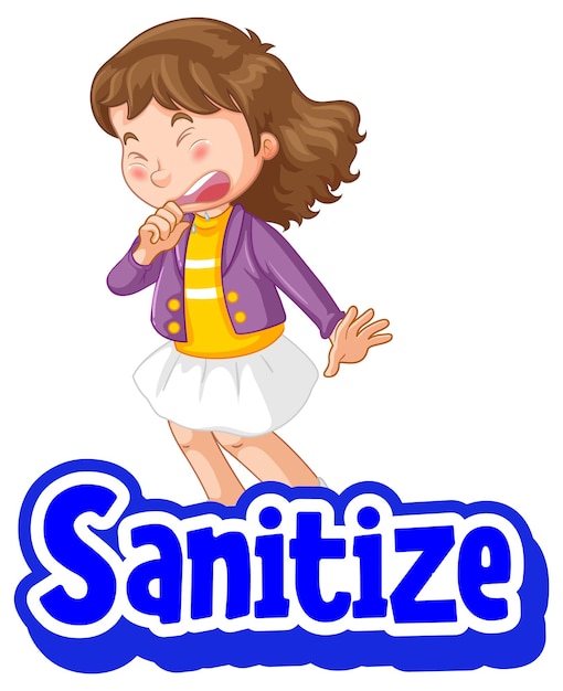 Free vector sanitize font with a girl feel sick character isolated on white