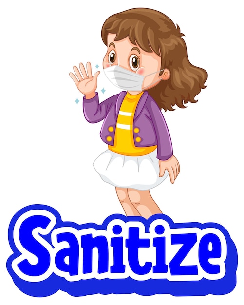 sanitize poster in cartoon style with a girl wearing medical mask on white