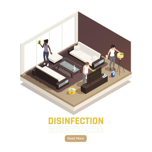 Free vector sanitizing isometric banner with living room and people