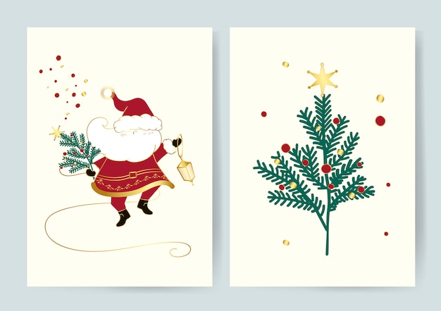 サンタとクリスマスツリーカードベクトル