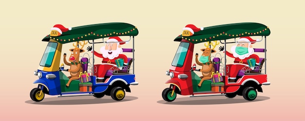 サンタとトナカイはトゥクトゥクタイタクシー自動人力車三輪車タクシータイを使用して人々に贈り物を送ります。サンタクロースとトナカイがフェイスマスクを着用して、人々を保護するために社会的距離を使用しました