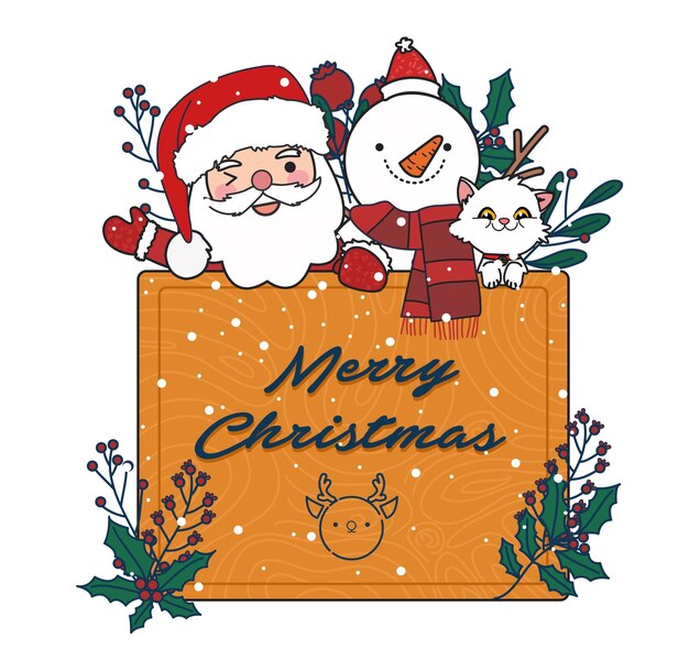 陽気な雪だるまとメリークリスマスの文字 無料のベクター