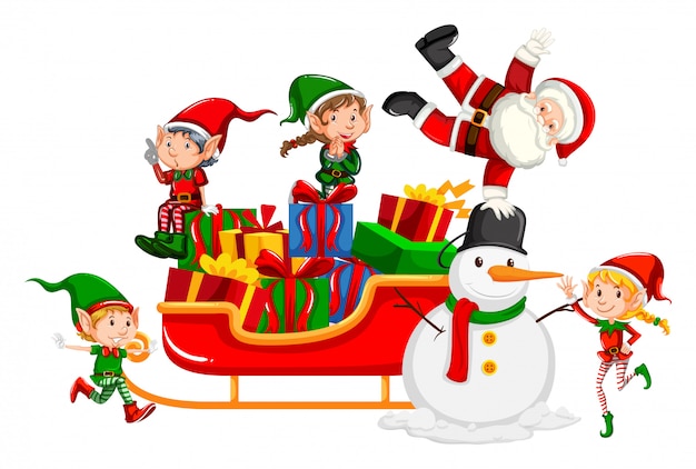 Free vector santa and christmas elves on sleigh