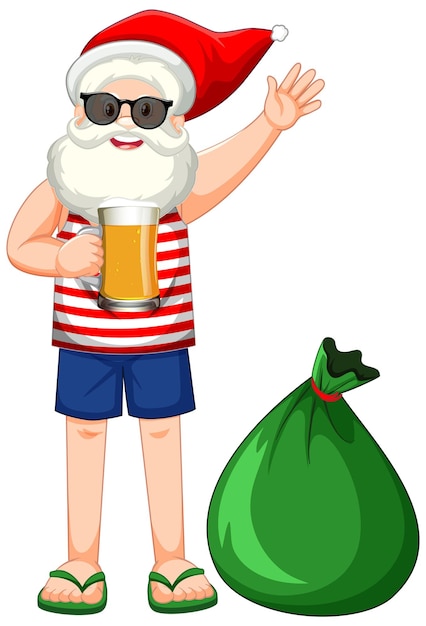Santa Claus cartoon character in summer costume with big present bag