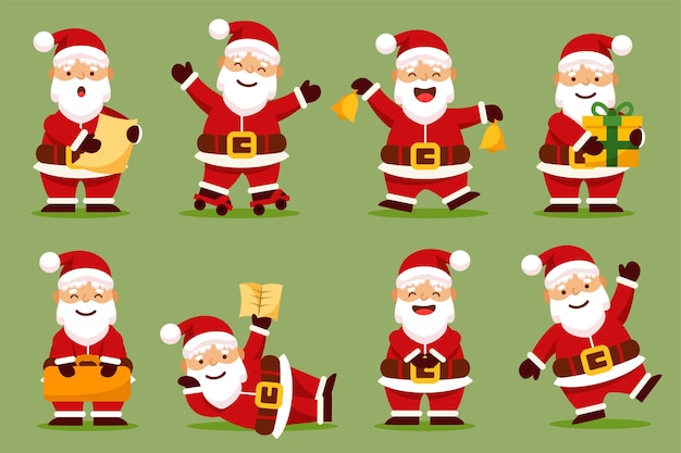 Santa claus characters in various poses and scenes. merry christmas cutout element holiday cards, invitations and website celebration decoration. vector illustration