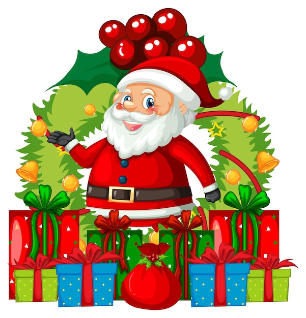 많은 선물 상자가 있는 산타클로스 크리스마스 화환