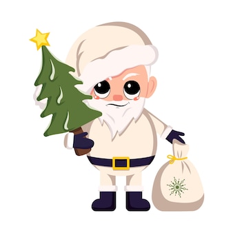 Santa claus in costume and hat with bag and christmas tree. symbol of new year and christmas. cute character with emotions of suspicious, displeased eyes