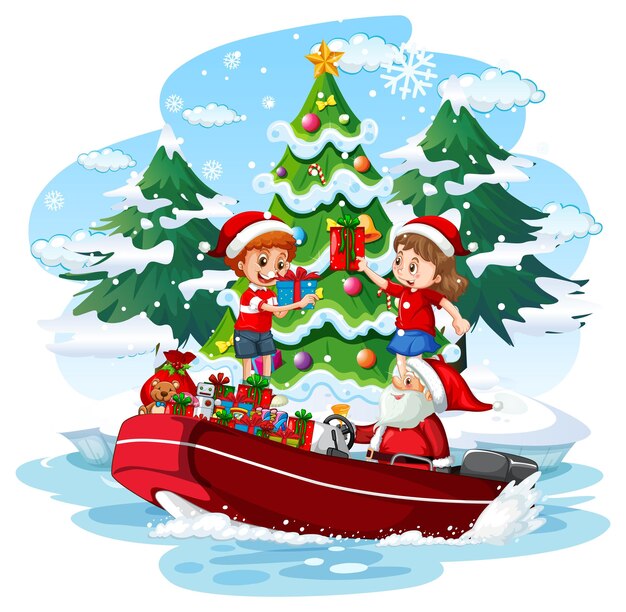 Santa Claus delivering gifts by boat