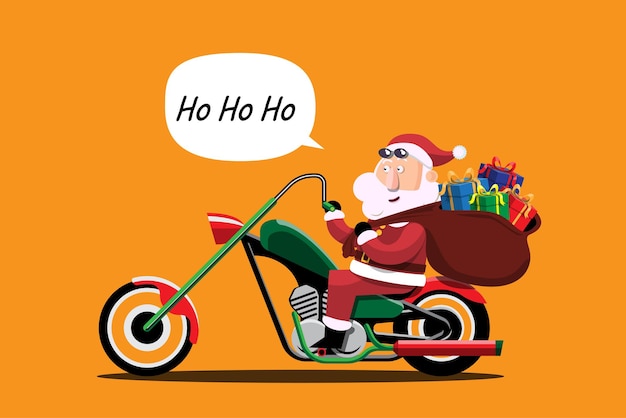 Santa Claus drives a motorcycle to deliver Christmas presents to children around the world