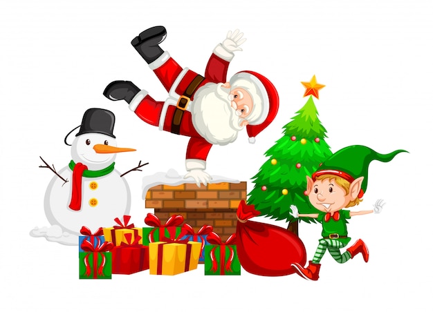 Santa claus and elf on chimney