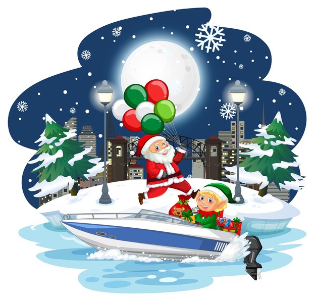 Santa claus and elf on a speedboat at snowy night