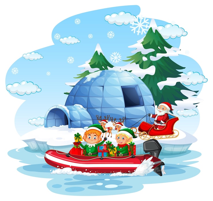 Free Vector santa claus and elfs delivering gifts by boat