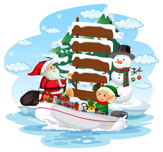 サンタクロースとエルフがボートでプレゼントを届ける