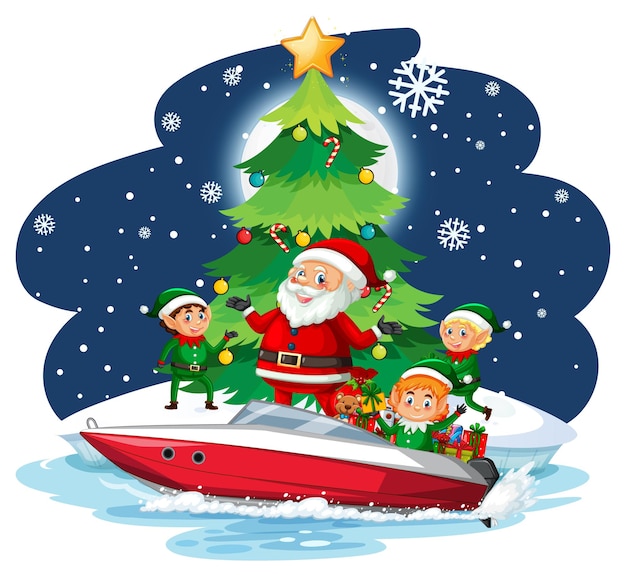 Santa claus and elves on a speedboat at snowy night