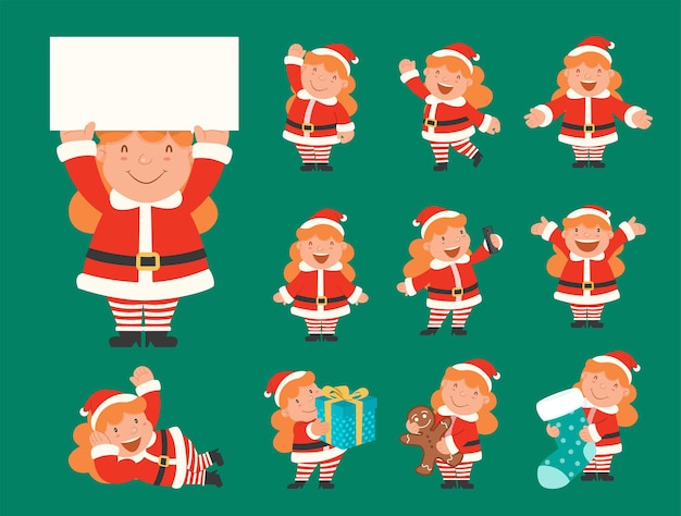 Santa claus female characters in various poses and scenes. merry christmas cutout element holiday cards, invitations and website celebration decoration. vector illustration