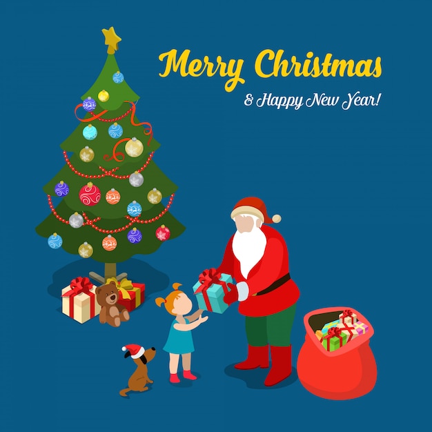 Santa claus gives present to little girl. merry christmas and new year isometric vector illustration.