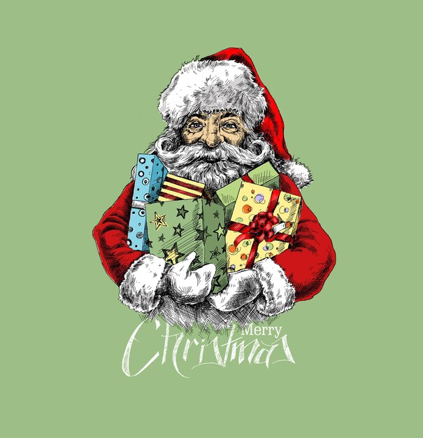 Santa Claus Holding a Gift Box. Merry Christmas - Vector illustration