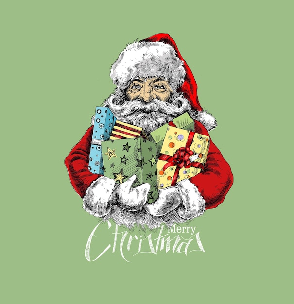 Santa Claus Holding a Gift Box. Merry Christmas - Vector illustration