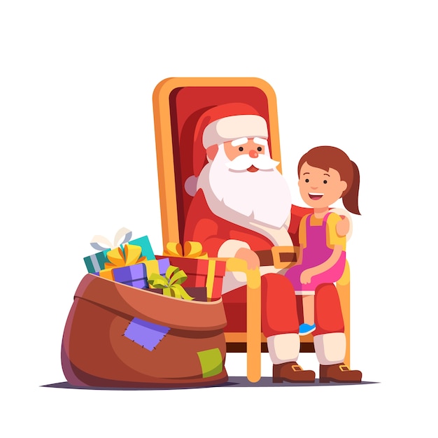 Santa claus holding little smiling girl on his lap