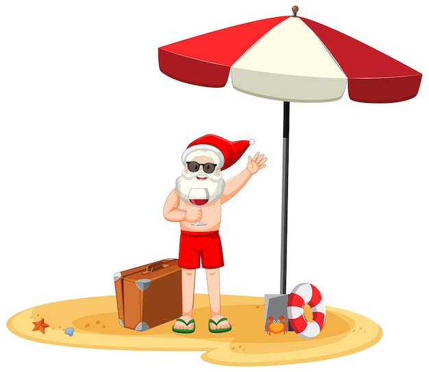 Free Vector santa claus holding wine glass cartoon character in summer costume