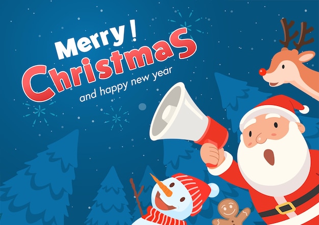 Santa Claus holds a megaphone and announces Merry Christmas and happy new year.