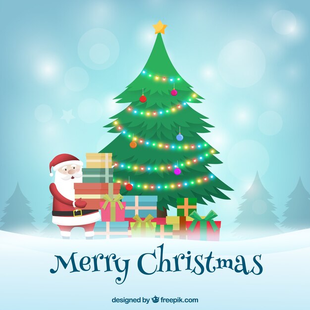 Санта-Клаус оставляет подарки под елкой