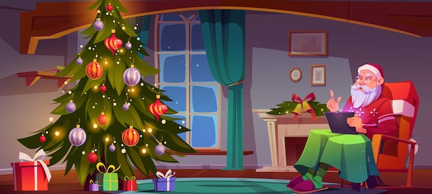 Santa Claus in living room with Christmas tree