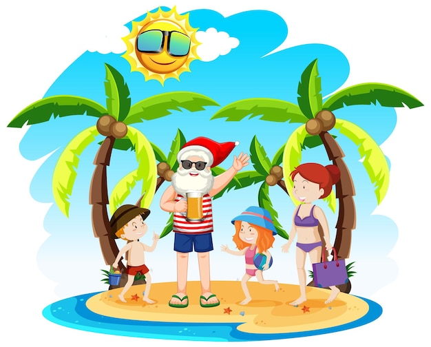 Бесплатное векторное изображение Дед мороз на пляжном острове с детьми на летнее рождество
