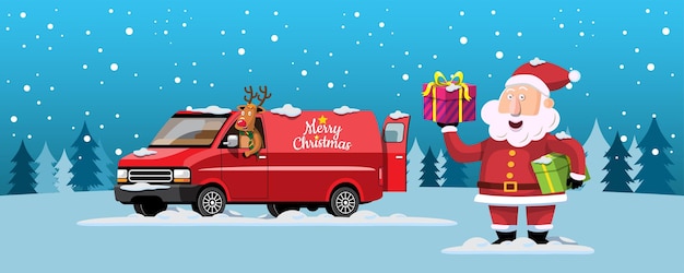 Free vector santa claus and reindeer drives a motorcycle to deliver