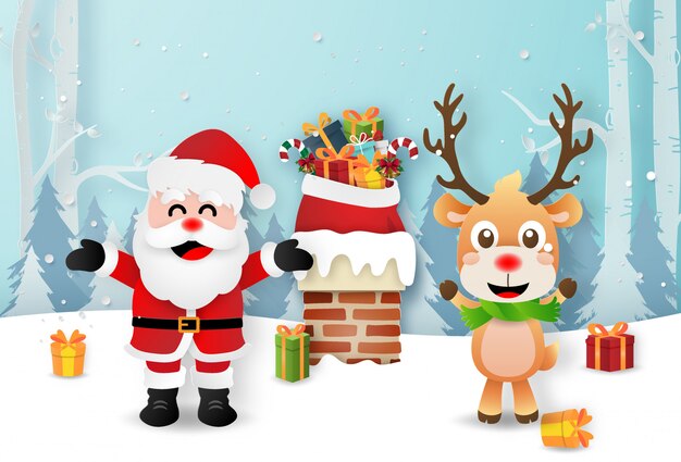 santa-claus-reindeer-rooftops-give-gifts