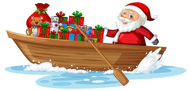 Santa Claus on rowboat with many gift boxes