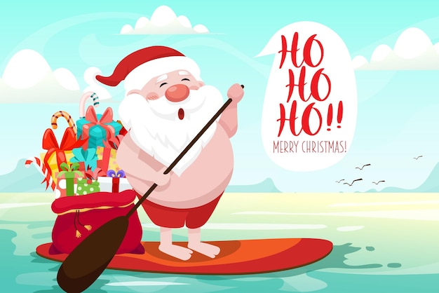 Santa Claus rowing on surf board with gifts against tropical ocean