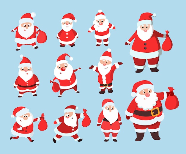 Santa claus set funny cartoon character in different poses