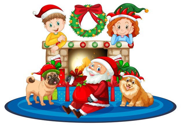 Санта-клаус сидит у камина с детьми и собаками