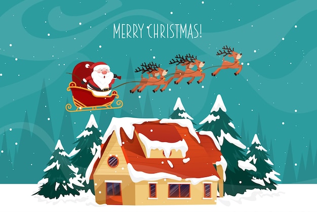 산타 클로스는 보름달과 눈이 내리는 크리스마스 밤에 옥상과 굴뚝 위를 썰매 타기